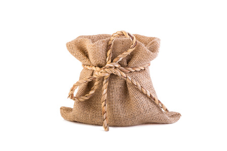 Open small sack isolated on white background.の写真素材