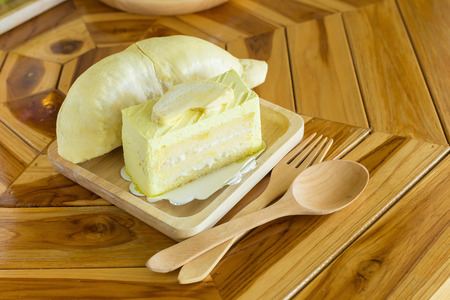 Durian cake and fresh yellow durian.の写真素材