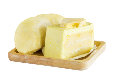 Durian cake and fresh yellow durian.の写真素材