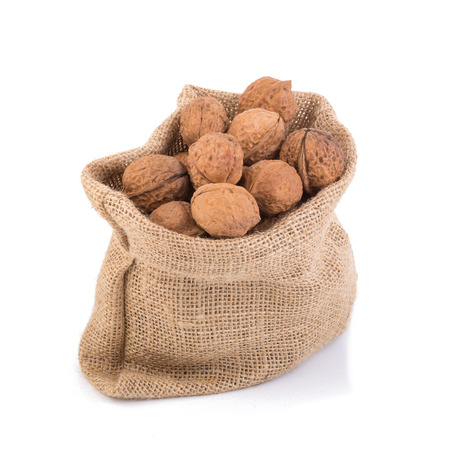 walnut in jute bag.の写真素材