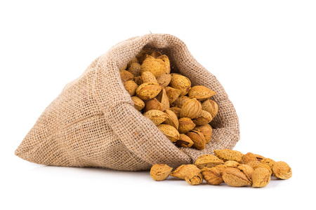 Almond nut in shell and shelled isolated on white background.の写真素材