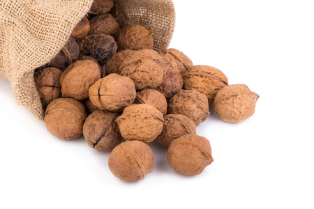 walnut in jute bag.の写真素材