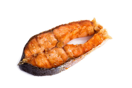 Salmon steak on white backgroundの写真素材