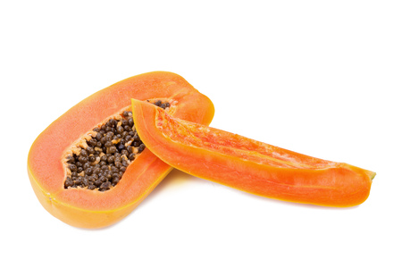 slices of sweet papaya on white backgroundの写真素材