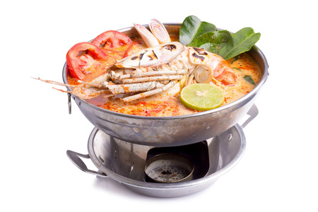 Tom yum goong spicy Thai seafood soup.の写真素材