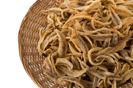 Dried Small fish anchovies and crispy Seafood isolated on white background.の写真素材