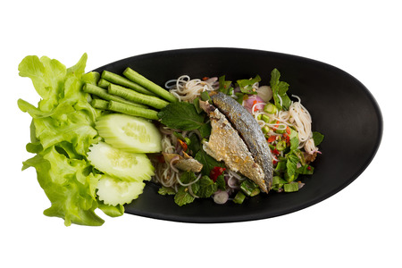 Tuna fish spicy salad, Thai spicy seafood isolated on white background.の写真素材