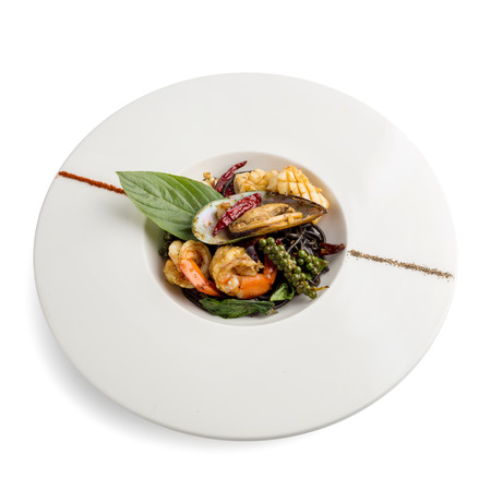 Spaghetti with spicy Seafood,Shrimp, crab, fish and squid.の写真素材