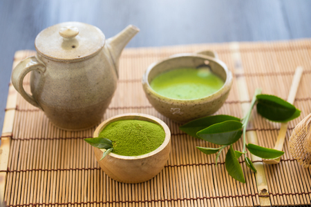 Set of matcha powder bowl wooden spoon and whisk green tea leaf Organic Green Matcha Tea ceremony.の写真素材