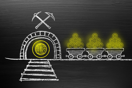 Bitcoin Cryptocurrency Concept. On Blackboard with chalk doodle, infographics are visual representations.の写真素材