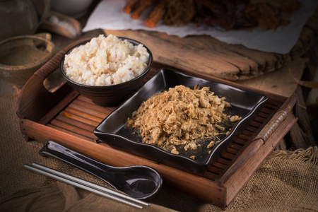 Dried shredded pork and mush, Chinese breakfast on Wooden Tray.の写真素材