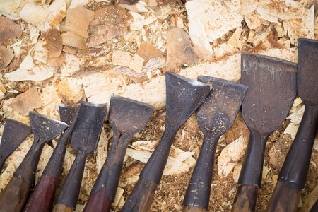 Set of wood chisel for carving , sculpture tools on wooden background.の写真素材
