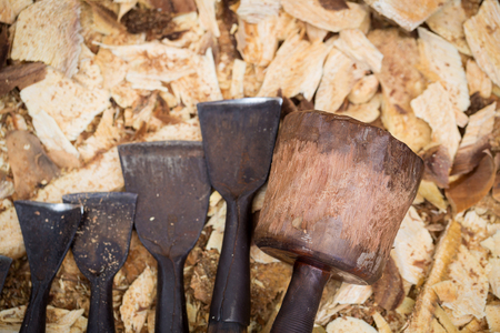 Set of wood chisel for carving , sculpture tools on wooden background.