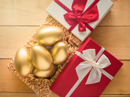 Financial success. Golden egg In a red gift box.の写真素材