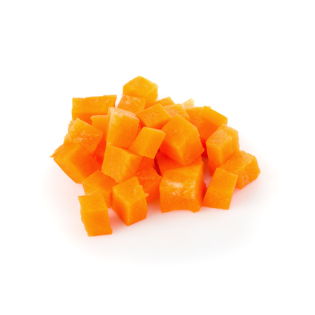 Chopped carrot slices isolated on a white background.の写真素材