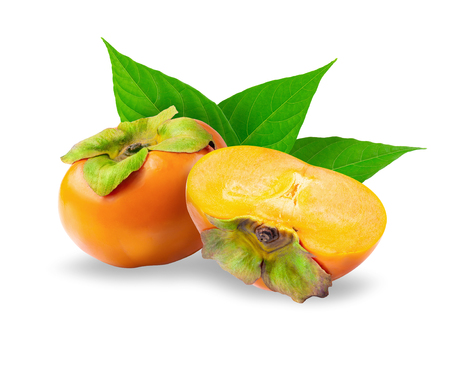 fresh persimmons and persimmon slice with leaf isolated on white background.の写真素材