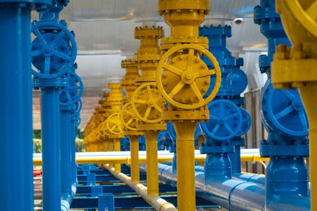 Valves at gas plant, Pressure safety valve selective focus.