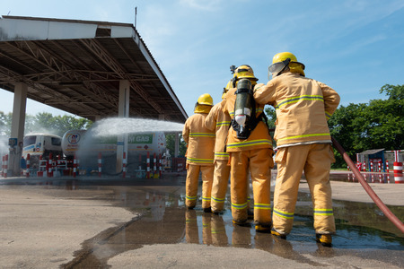 LAMPANG, THAILAND, SEP 18,2019: Firefighters training, Disaster training exercise depicting gas...