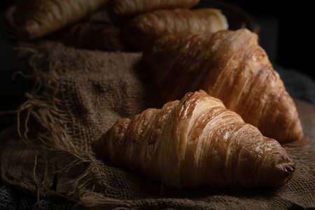 Plain butter croissant crescent pastries, Freshly baked croissants. Warm Fresh Buttery Croissants on a tray.の写真素材