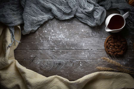 Brown wooden with plank texture wall background and Thin white cloth Giving a feeling of looking old and beautiful. Layout with free copy (text) space. Captured from above (top view, flat lay)の写真素材