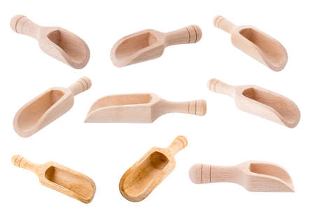 Empty vintage wooden scoop isolated on white background.の写真素材