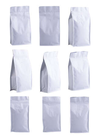 Packaging template mockup collection of white zip foil plastic paper bag for coffee beans isolated...
