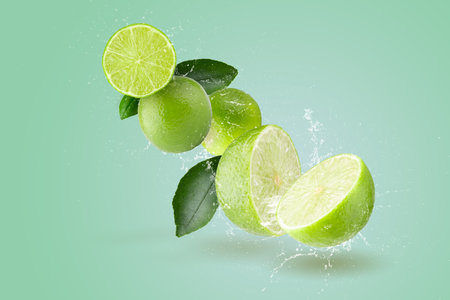 Creative layout made of Water Splashing yellow lime fruit on a green background.