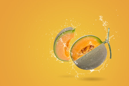 Creative layout made from whole and slice of orange japanese melons or cantaloupe melon and water Splashing on a orange backgroundの写真素材