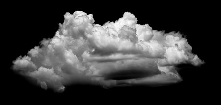 Collections of separate white clouds on a black background have real clouds. White cloud isolated on a black background realistic cloud. white fluffy cumulus cloud isolated cutout on black backgroundの写真素材