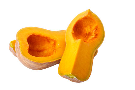 Pumpkin Butternut Squash Cut into pieces isolated on a white backgroundの写真素材