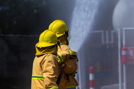 Firefighters in Action Spraying Water to Stop the Fire