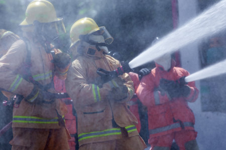 Teams of Firefighters Spray Water to Tame the Fire