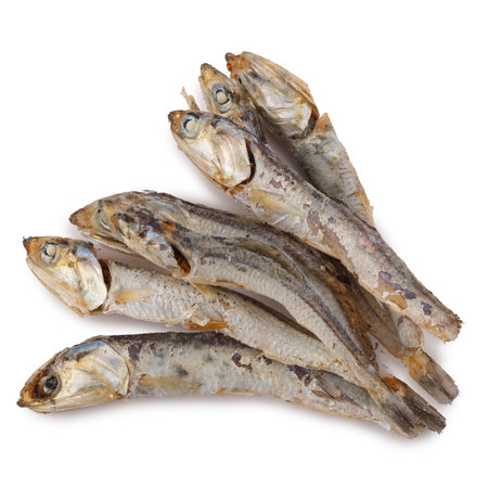 Nutritious Dried Fish Used as a Tasty and Healthy Food Option for Cats isolated on a white backgroundの写真素材