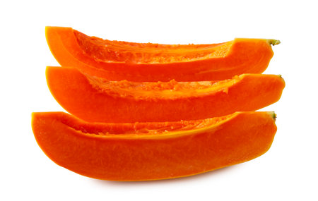 Ripe Holland papaya with smooth orange skin and vibrant flesh, isolated on a white backgroundの写真素材