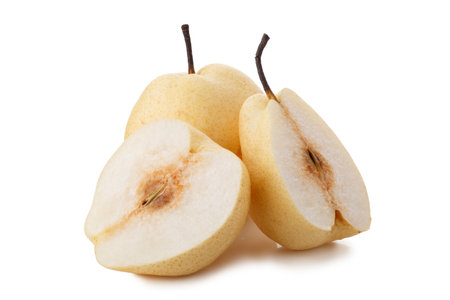 Crisp and Juicy Chinese Pear with Pale Yellow Skin isolated on a white backgroundの写真素材