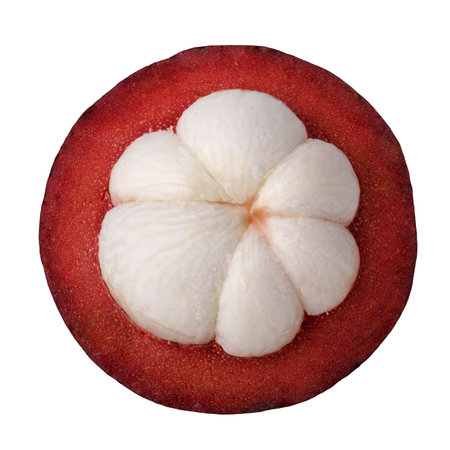 Ripe mangosteen showing white flesh isolated on a white backgroundの写真素材