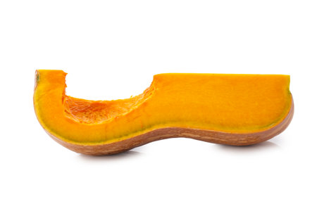 Pumpkin Butternut Squash Cut into pieces isolated on a white backgroundの写真素材