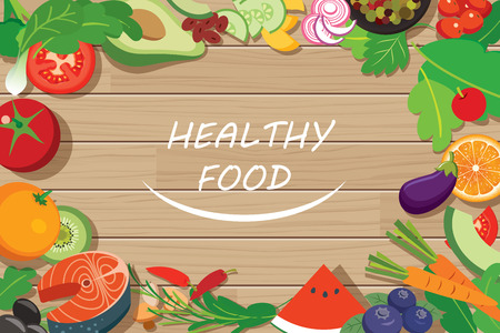 healthy food frame on wood tableのイラスト素材