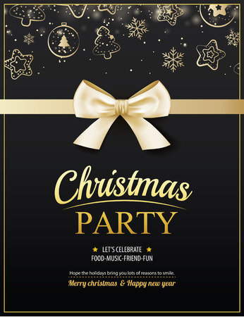 Invitation merry christmas party poster banner and card design template. Happy holiday and new year with gold ribbon theme concept.のイラスト素材