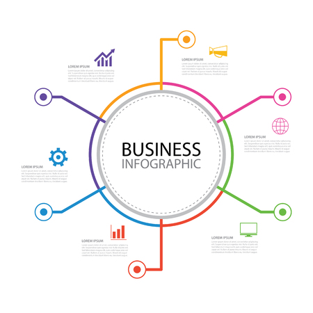 6 thin line minimal arrow business infographic circle template. Can be used for workflow layout, diagram, number options, web design, timelineのイラスト素材