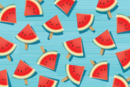 Watermelon slice on blue wooden. Summer time background banner.
