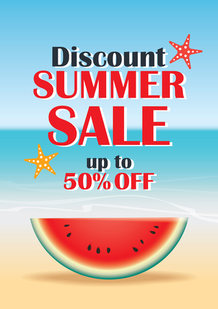 Summer sale beach and watermelon background banner template. Voucher discount promotion.のイラスト素材