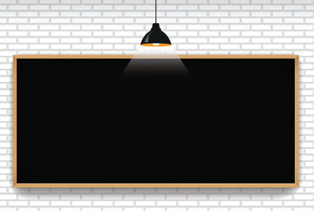Blank blackboard in white brick wall background with hanging lightのイラスト素材