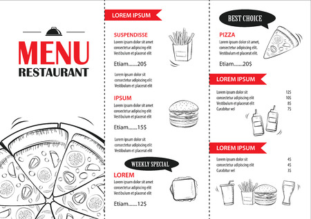 Fast food menu design template. Restaurant or cafe pizza cover hand drawn background.のイラスト素材