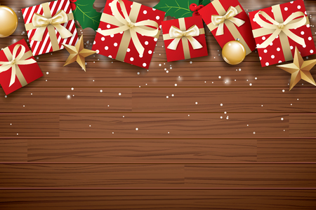 Merry christmas background design template. Gift box and gold ball on brown wooden.のイラスト素材
