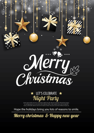 Merry christmas party and gift box on dark background invitation theme concept. Happy holiday greeting banner and card design template.のイラスト素材