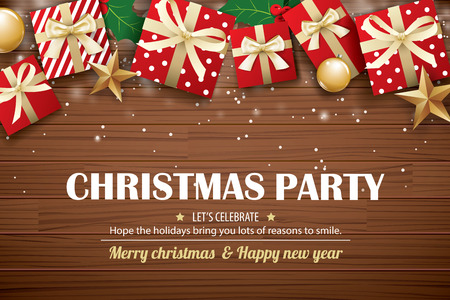 Christmas party poster background design template. Typography and gift box on brown wooden.のイラスト素材