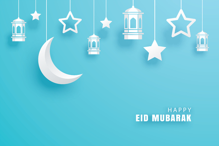 Happy Eid Mubarak greeting card with crescent moon paper art background. Ramadan Kareem vector illustration. Use for banner, poster, flyer, brochure template.