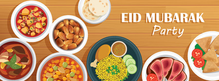 Eid Mubarak party cover and banner with food on wooden background. Ramadan Kareem vector illustration. Use for greeting card, invitations, poster, flyer, brochure sale template.のイラスト素材