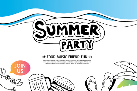 Summer party with doodle icon and design on white background. Invitation poster in hand drawn style. Use for labels, card, tag, stickers, badges, flyer, banner, vector illustration.のイラスト素材